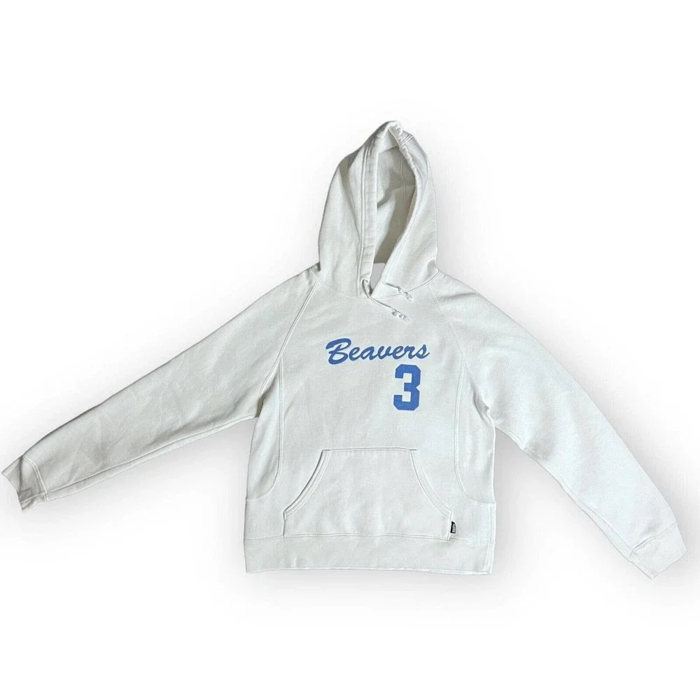 Roots Canada Athletics Women's White & Blue Flocked Graphic Beavers Hoodie Sz S - Picture 1 of 13